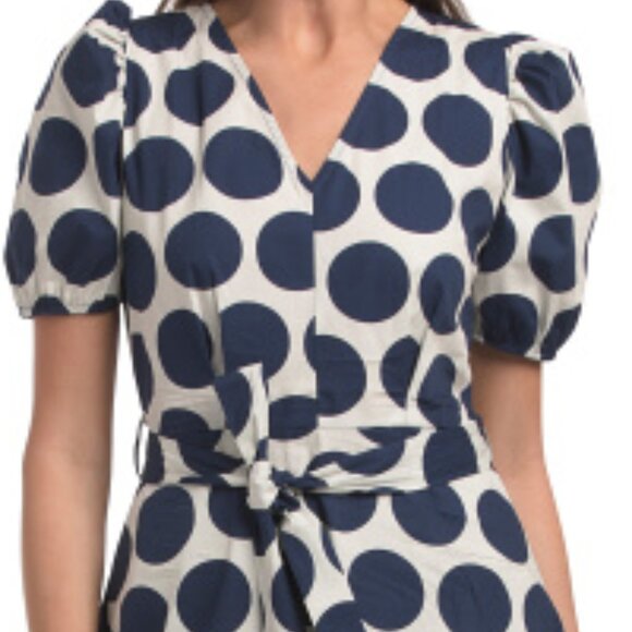 LUNA ALLEGRA Navy/Ecru Puff Sleeve Belted Dot Print Midi Dress - Picture 3 of 3